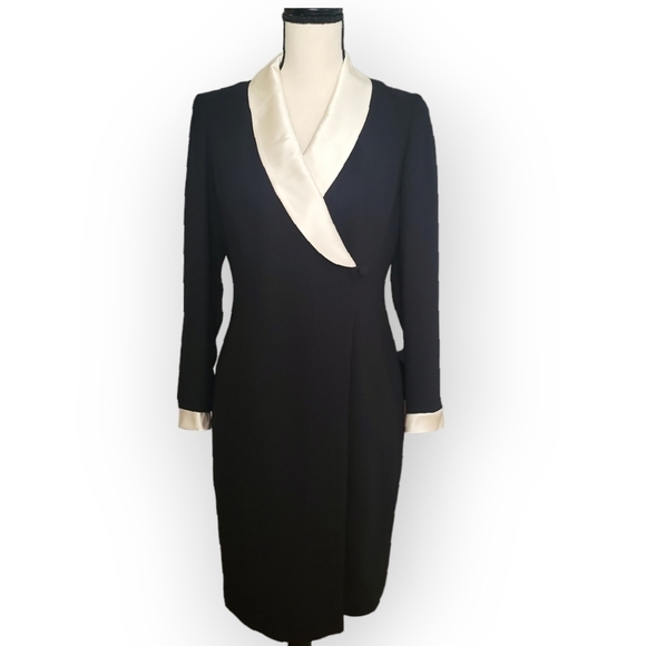 Talbots Dresses & Skirts - Vintage Talbots Black Crepe Ivory Silk Collar & Cuff Faux Wrap Tuxedo Dress 6